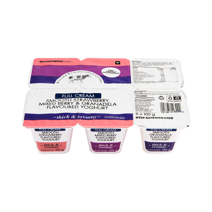 Full Cream Smooth Strawberry, Granadilla & Mixed Berry Yoghurt 6 x 100 g